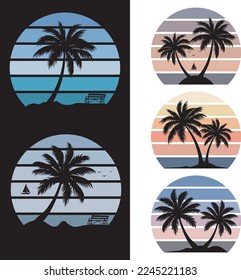
Palm Tree Retro Sunset on White and Black Background