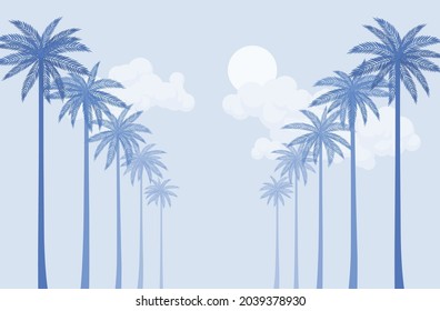 Palm tree row light blue silhouette, sea shore beach stunning scenery. Beachside tropical view, romantic weekend relaxing resort, amazing vacation and dreamy summer background. Vector illustration