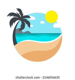 Palm tree and sand beach logo. Cool summer logo. Vector stock illustration.