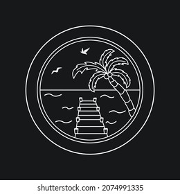 Palmera y mar en círculo. Un vector dibujado a mano. Para impresiones en camisetas, afiches y otros propósitos.