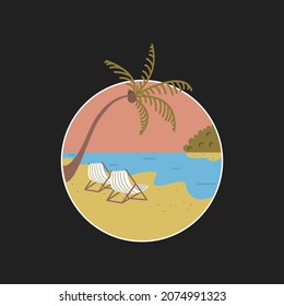 Palm tree, sea and deck chairs in a circle. A hand-drawn vector. For prints on T-shirts, posters and other purposes.