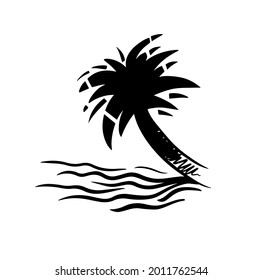 Palm tree and sea hand drawn icon logo on white background