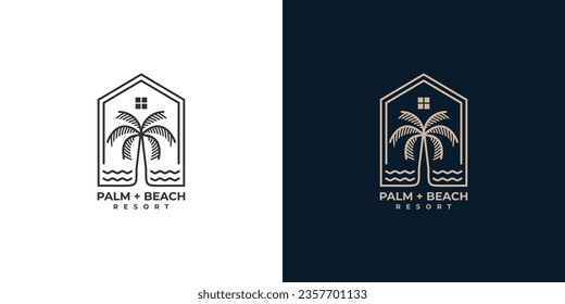 palm tree with sea and house icon, suitable for real estate or resort business company