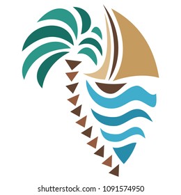 Palm tree sea and ship. Vector illustration