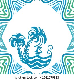 Palm tree sea and ship. Vector illustration