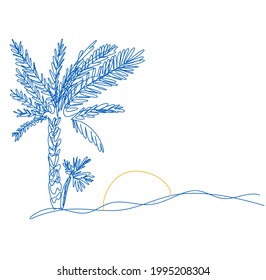 Palm tree, sea and sun in continuous line art style. Hand drawn summer landscape. Tropical sketch made with editable stroke. Vector illustration.
