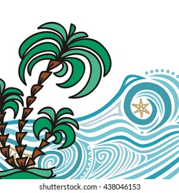 Palm tree and sea. Vector illustration.