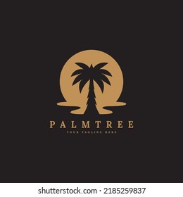 palm tree and sea water wave logo design with gold color vector illustration