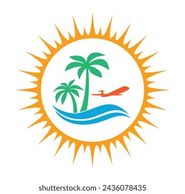 palm tree with sea wave and fly plane in sun frame tropical icon
