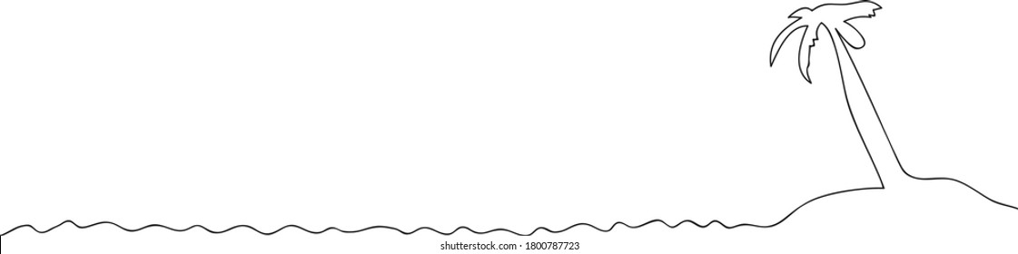 Palm tree and sea waves. One continuous line art. Sketch. Card  design with place for text. Isolated element on white background. Vector.