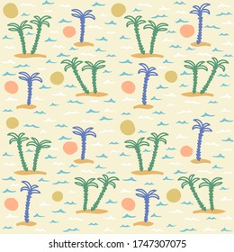 Palm tree and sea waves seamless pattern. Modern beige vibe. Trendy vector surface pattern for textile 