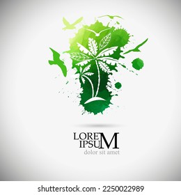 Palm tree and seagull logo with blots. Vector illustration