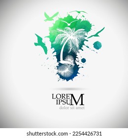 Palm tree and seagull logo with blots. Vector illustration