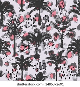 Palm tree seamless pattern with abstract animal skin texture. Silhouettes of drawn tropical plants on leopard background. Flat trendy exotic background with banana and coconut palm trees. 