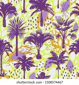 Palm tree seamless pattern with abstract doodle texture. Silhouettes of drawn tropical plants. Flat trendy exotic background with banana and coconut palm trees. Good for wallpaper, web page, textile, 