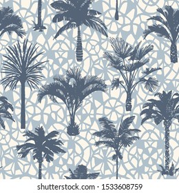 Palm tree seamless pattern with abstract doodle elements. Silhouettes of drawn tropical plants. Flat Hawaiian background with banana and coconut palm trees. For t-shirt, cloth, fabric, textile,