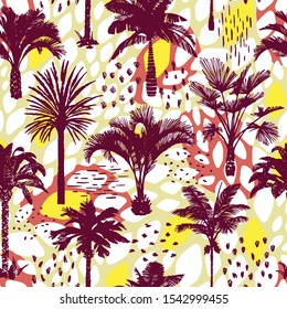 Palm tree seamless pattern with abstract doodle texture. Silhouettes of drawn tropical plants. Flat trendy exotic background with banana and coconut palm trees. Good for wallpaper, web page, textile, 