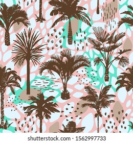 Palm tree seamless pattern with abstract doodle texture. Silhouettes of drawn tropical plants. Flat trendy exotic background with banana and coconut palm trees. Good for wallpaper, web page, textile, 