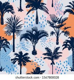 Palm tree seamless pattern with abstract background. Silhouettes of drawn tropical plants. Flat trendy exotic illustration with banana and coconut palm trees. Doodle elements. Good for textile, fabric