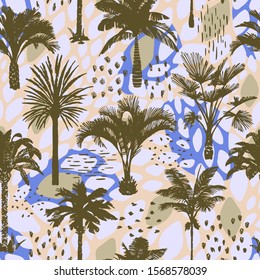 Palm tree seamless pattern with abstract doodle texture. Silhouettes of drawn tropical plants. Flat trendy exotic background with banana and coconut palm trees. 