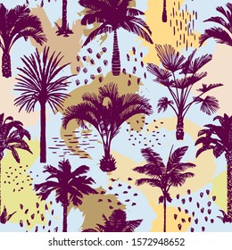 Palm tree seamless pattern with abstract background. Silhouettes of drawn tropical plants. Flat trendy exotic illustration with banana and coconut palm trees. Doodle elements. Good for textile, fabric