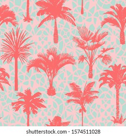 Palm tree seamless pattern with abstract doodle elements. Silhouettes of drawn tropical plants. Flat Hawaiian background with banana and coconut palm trees. For t-shirt, cloth, fabric, textile,