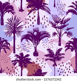 Palm tree seamless pattern with abstract background. Silhouettes of drawn tropical plants. Flat trendy exotic illustration with banana and coconut palm trees. Doodle elements. Good for textile, fabric