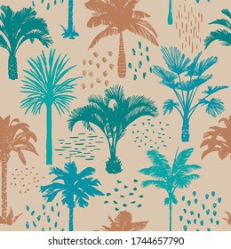 Palm tree seamless pattern with abstract doodle elements. Silhouettes of drawn tropical plants. Flat Hawaiian background with banana and coconut palm trees. For t-shirt, cloth, fabric, textile,