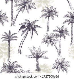 Palm tree seamless pattern. Beautiful island landscape exotic nature with silhouette of palm trees, beach and ocean tropical jungle sketch vector texture