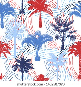 Palm tree seamless pattern with colorful lines texture. Silhouettes of drawn tropical plants. Flat geometric exotic background with banana and coconut palm trees. Good for wallpaper, textile, fabric.