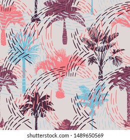 Palm tree seamless pattern with colorful lines texture. Silhouettes of drawn tropical plants. Flat geometric exotic background with banana and coconut palm trees. Good for wallpaper, textile, fabric.