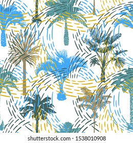 Palm tree seamless pattern with colorful lines texture. Silhouettes of drawn tropical plants. Flat geometric exotic background with banana and coconut palm trees. Good for wallpaper, textile, fabric.