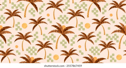 Palm tree seamless pattern design with sun motif. Geometric texture with checkered vintage color background