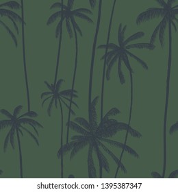 Palm tree seamless pattern. Hand drawn dark textures on exotic trendy background. Nature textile print. Modern tropical template for swimwear, fabric, decoration or poster.