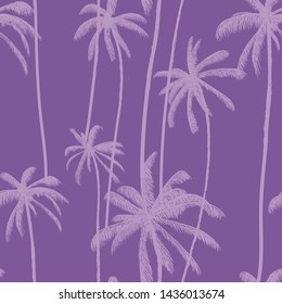 Palm tree seamless pattern. Hand drawn purple textures on exotic trendy background. Nature textile print. Modern tropical template for swimwear, fabric, decoration or poster.