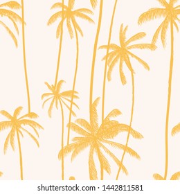 Palm tree seamless pattern. Hand drawn orange textures on exotic trendy background. Nature textile print. Modern tropical template for swimwear, fabric, decoration or poster.