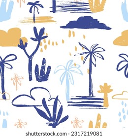 Palm tree seamless pattern. Hand drawn tropical pant leaf summer organic shapes. Beach vacation background design, savannah textile print. Exotic wallpaper, baby apparel safari fabric template motif