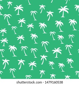 Palm tree seamless pattern with icons on green background. Vector illustration.