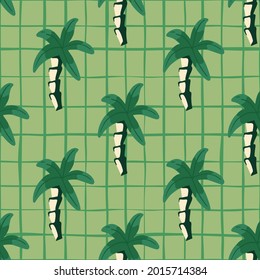 Palm tree seamless pattern on lines background. Geometric tropical wallpaper. Green palm backdrop. Decorative backdrop for fabric design, textile print, wrapping, cover. Vector illustration