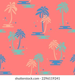 Palm tree seamless pattern. Psychedelic paradise background in flat design. Retro summer backdrop. Design for fabric, textile print, wrapping paper, fashion, interior, cover. Vector illustration.