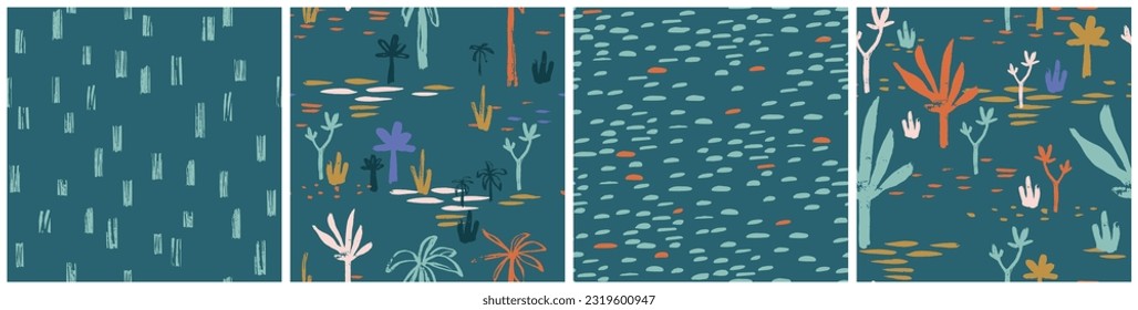 Palm tree seamless pattern. Summer hand drawn . Simple tropical pant abstract organic shapes, dot, line set. Beach vacation background design, savannah print. Exotic monstera wallpaper textile print