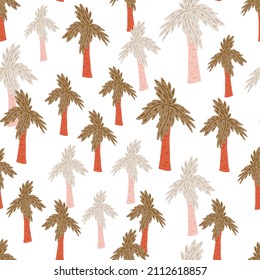 Palm tree seamless pattern. Tropical background . Repeated texture in doodle style for fabric, wrapping paper, wallpaper, tissue. Vector illustration.