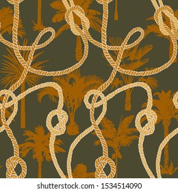 Palm tree seamless pattern with twisted ropes with knots. Flat nautical ornament. Exotic sea tropical background. 