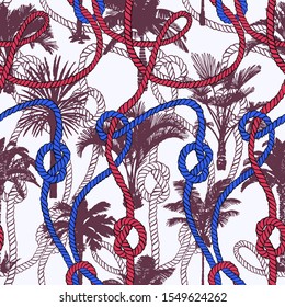 Palm tree seamless pattern with twisted ropes with knots. Flat nautical ornament. Exotic sea tropical background. 