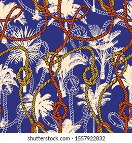 Palm tree seamless pattern with twisted ropes with knots. Flat nautical ornament. Exotic sea tropical background. 