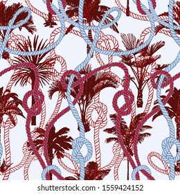 Palm tree seamless pattern with twisted ropes with knots. Flat nautical ornament. Exotic sea tropical background. 