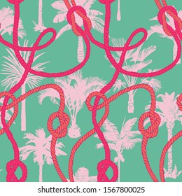 Palm tree seamless pattern with twisted ropes with knots. Flat nautical ornament. Exotic sea tropical background. 