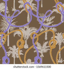 Palm tree seamless pattern with twisted ropes with knots. Flat nautical ornament. Exotic sea tropical background. 