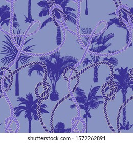 Palm tree seamless pattern with twisted ropes with knots. Flat nautical ornament. Exotic sea tropical background. 