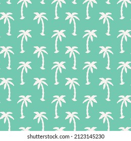 Palm tree seamless repeat pattern. Hand drawn, vector perennial flowering plants all over print on cool green background.